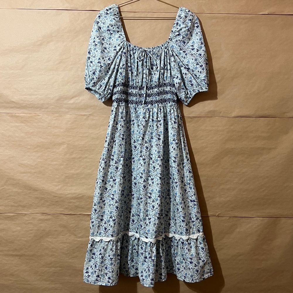 Johnny Was | Camille Midi Dress Floral Smocked Puff Sleeve Square Neck Size M